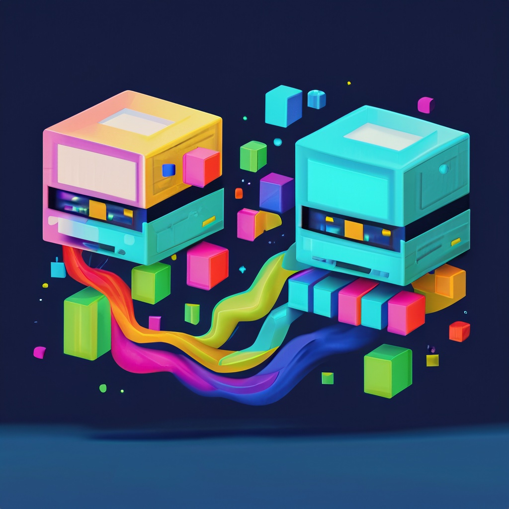 AI Prompt: a computer server on the left and a browser on the right, connected by a stream of colorful cubes, isolated on a dark blue background